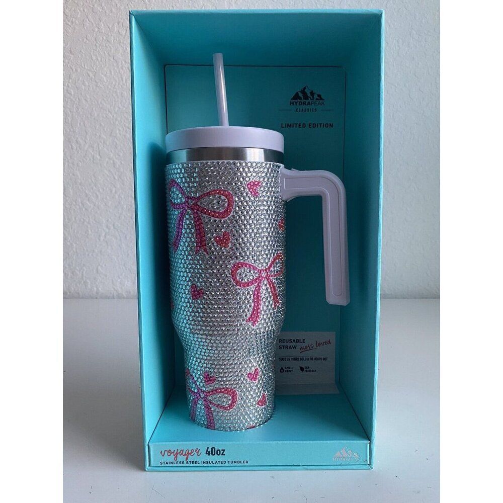 Hydrapeak LIMITED EDITION Voyager 40 oz Insulated Tumbler BLING Heart‎ Bows NEW